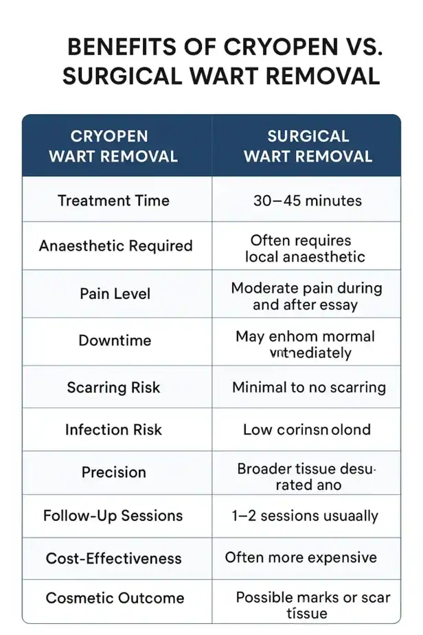 Table showing the benefits of cryopen to remove warts Brighton and Hove compared to surgical treatment